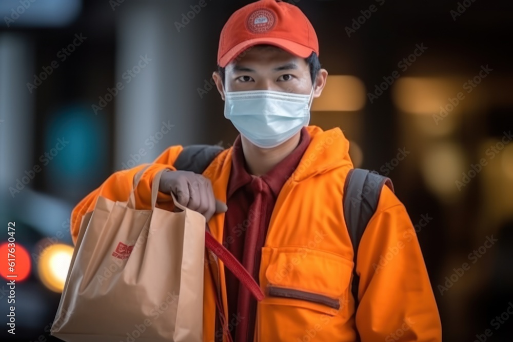 Masked Asian delivery man in orange uniform holding bags of food, groceries, fruits standing in front of customer's house Postman and express grocery delivery service during the COVID-19 pandemic Masked Asian delivery man in orange uniform holding bags of food, groceries, fruits standing in front of customer's house Postman and express grocery delivery service during the COVID-19 pandemic
