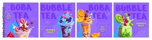 Ice tea bubble milk drink cup vector template. Pearl boba juice and smoothie sweet food post illustration with purple background. Strawberry and chocolate milkshake splash menu design. Summer cocktail