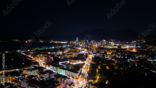 High angle view of Patong Road at night  an important tourist attraction in Thailand where everyone comes to party. fun Can travel both day and night