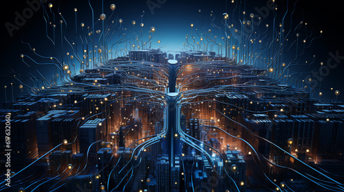 concept illustration of the intelligent AI brain  connected globally like the roots of a tree. Witness the power of communication and information in a futuristic network center