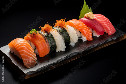 Assorted sushi with salmon eel and escolar on black stone plate on dark background,generative.ai