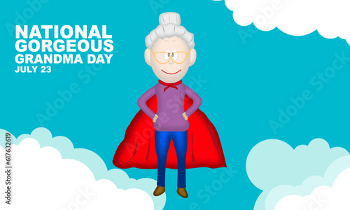 illustration of a grandmother wearing a purple shirt and blue pants and wearing a superman cape on a cloud. commemorate National Gorgeous Grandma Day July 23
