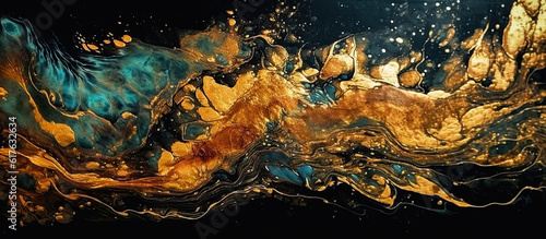 Generative AI illustration streaks of gold ink for abstract blue marble background. Horizontal  panoramic background.