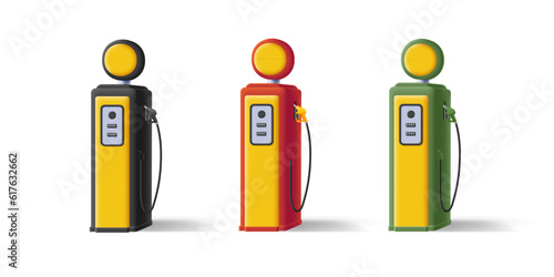 Retro style Gas station illustration with round price board and hose, 3d soft render style graphics