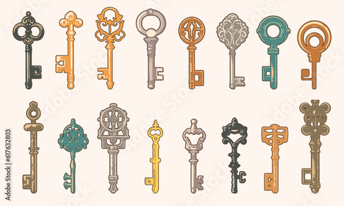Vintage silver, bronze, golden metal key set icons isolated vector illustration