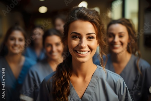 Female doctor, nurse smiling with her team at medical facility, healthy, hospital, caring, nurse.