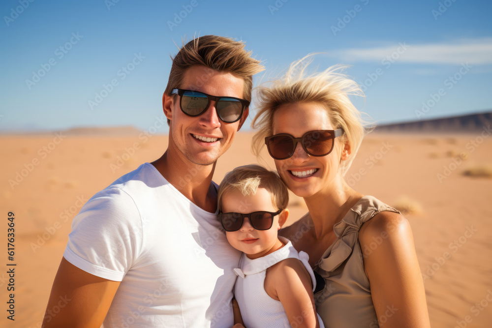 Close up of a young couple with their baby while on a beach holiday. Generative AI