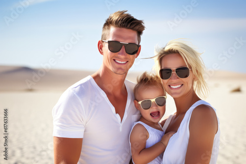 Close up of a young couple with their baby while on a beach holiday. Generative AI
