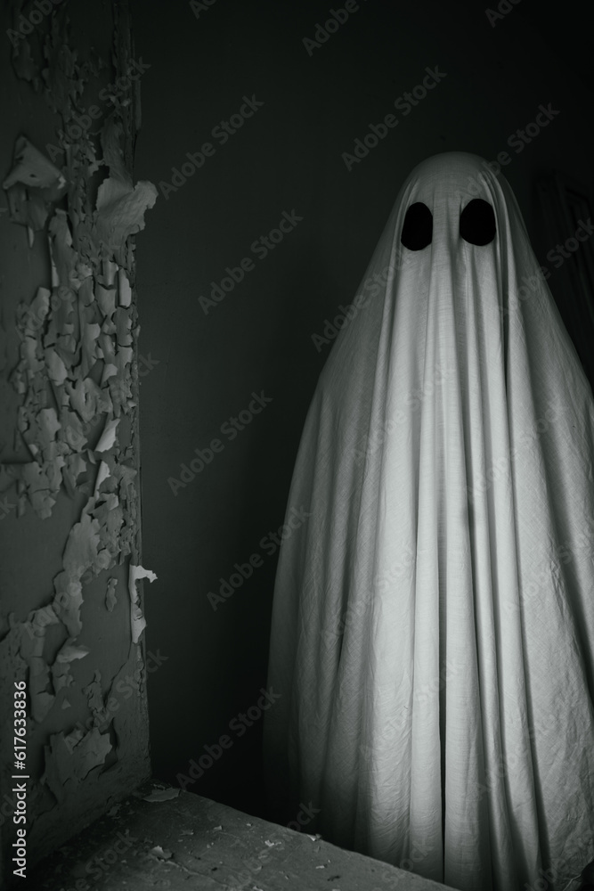 Portrait of ghost covered with a white ghost sheet near wall in abandoned house