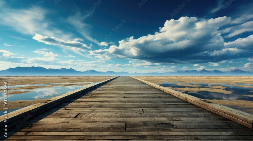 Pathway forward into a beautiful serene landscape. Horizon views over the rivers, mountains, deserts, and fields.