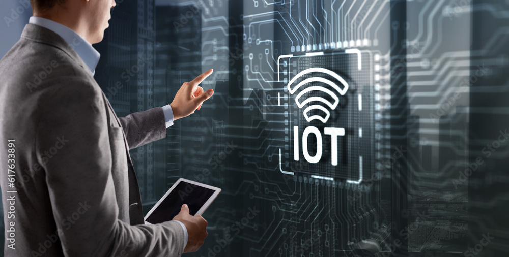 Clicking on the virtual screen Internet of Things IOT concept. Electric circuits graphic background with Infographic Clicking on the virtual screen Internet of Things IOT concept. Electric circuits graphic background with Infographic