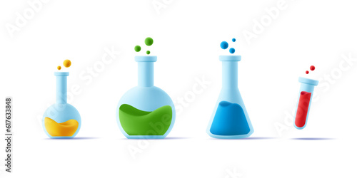 Laboratory equipment set of glass beackers of different shapes and with coloured liquid, 3d render icon