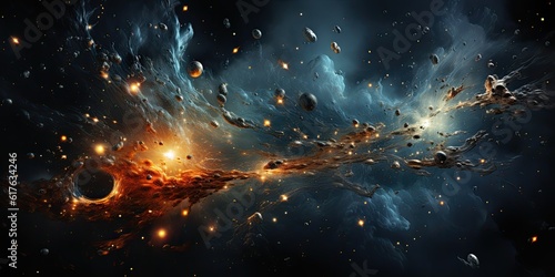 Dramatic abstract space solar landscape. Planets, stars, and moons in a supernova. Science fiction art.