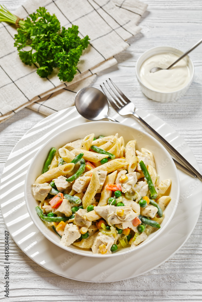 Creamy Chicken and Penne Pasta Casserole in bowl Creamy Chicken and Penne Pasta Casserole in bowl