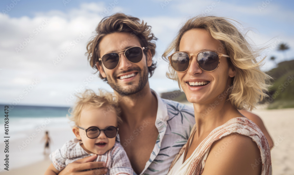 Close up of a young couple with their baby while on a beach holiday. Generative AI Close up of a young couple with their baby while on a beach holiday. Generative AI