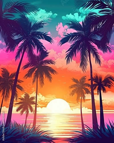 Silhouetted palm trees on sunset beach. (Illustration, Generative AI)