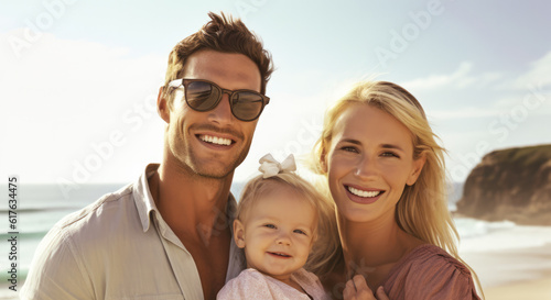 Close up of a young couple with their baby while on a beach holiday. Generative AI