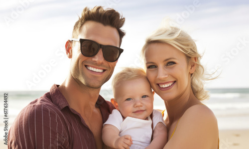 Close up of a young couple with their baby while on a beach holiday. Generative AI © JuanM