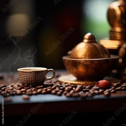 Top view of a Cup of coffee and coffee beans with jute bag in a the table on dark background. Generative Ai.