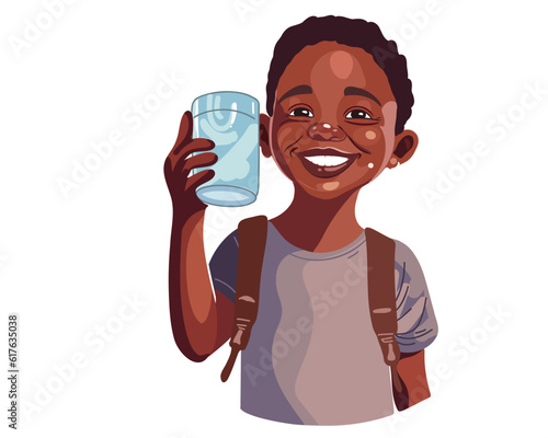 Smiling African American boy drinks water from a water mug. Drought, water scarcity problem.