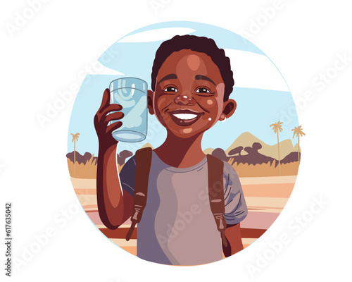  African American boy drinks water from a water mug. Drought, water scarcity problem.