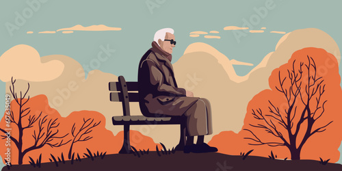 Lonely elderly or old man sitting on a bench in nature, nostalgic mood. flat vector illustration