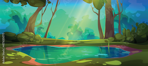 Swamp in forest vector game landscape background. Green fantasy lake water scene. Wild nature fairytale environment for adventure scene with sunlight beam in summer concept with nobody.