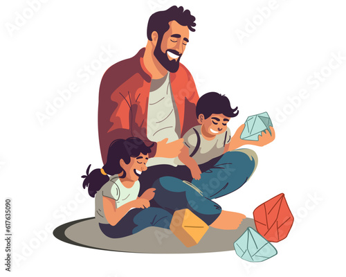 Happy father playing with son and daughter, father's day. Flat vector illustration