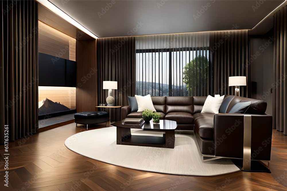Fototapeta premium interior design of a mid-century modern living room with a sleek brown leather sofa, retro-inspired furniture, and bold pops of color for a stylish and nostalgic look. | Generative AI
