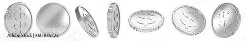 Fotografia 3D Rendering Set silver coins movement, Isolated on White Background 3d illustra