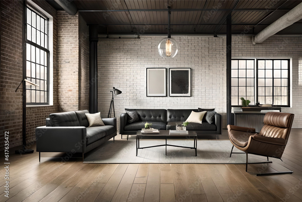 Fototapeta premium interior design of a mid-century modern living room with a sleek brown leather sofa, retro-inspired furniture, and bold pops of color for a stylish and nostalgic look. | Generative AI