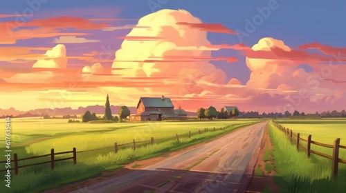The serene summer scenery boasts a lush green field and sunset sky.  Illustration  Generative AI 
