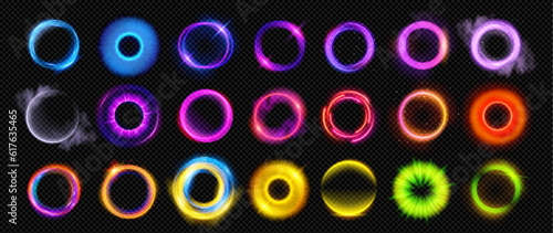 Optical halo flares with neon light vector effect set isolated on transparent background. Circle lens ring with glitter 3d digital design. Radiant speed motion design. Magic energy vortex with spark