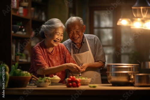Happy Asian seniors in the kitchen at home. Grandfather cooking. Spicy salad with grandma. Happy  smiling  retirement life together. Relationships and way of life of the elderly