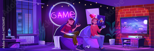 Two girls drawing on tab, playing video game at night. Vector illustration of female friends sitting in armchairs in room decorated with neon lamp, enjoying design hobby, computer gaming with joystick