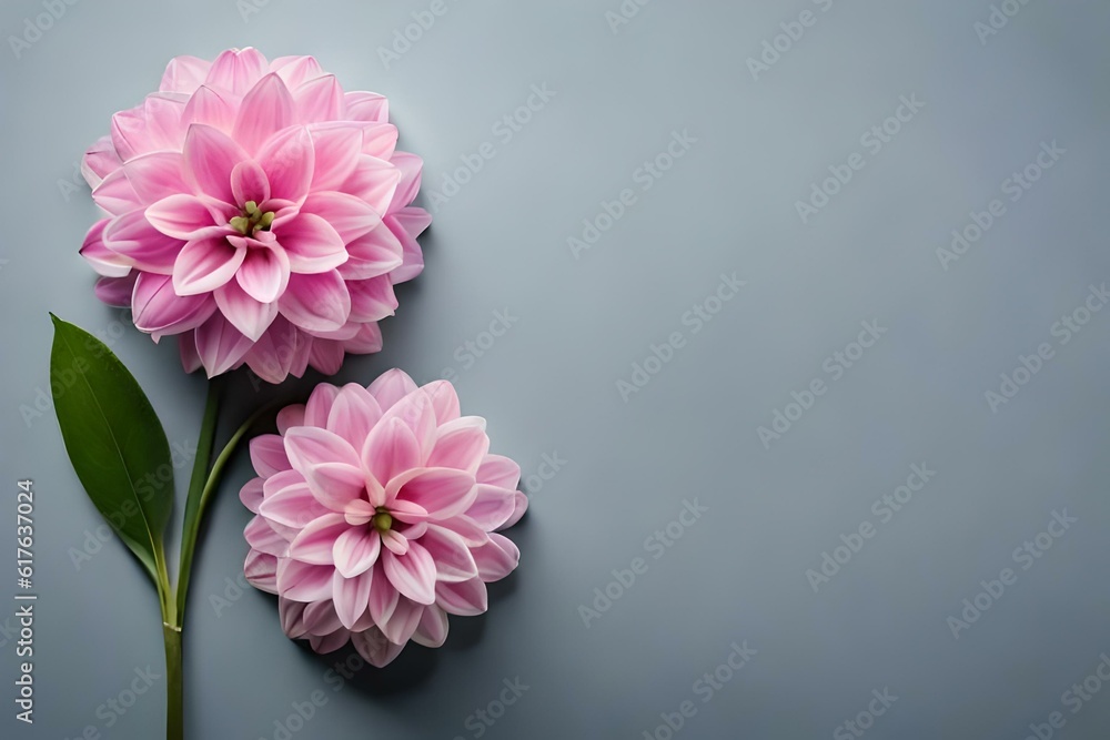 one stem and two flowers on the right corner of grey color background
