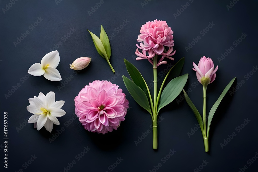 set of pink white flowers separated on dark background 