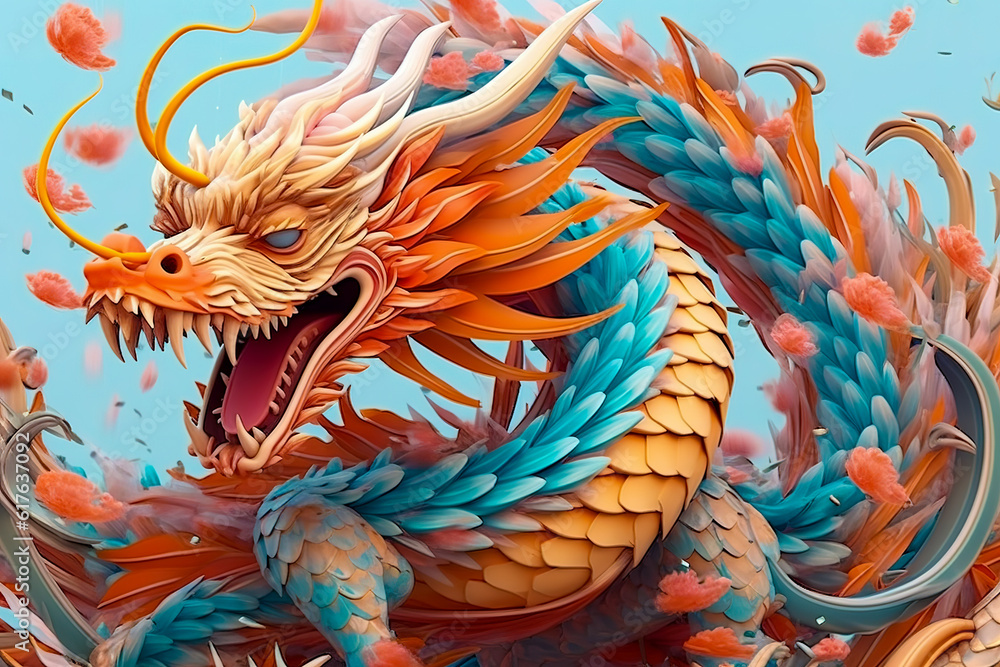 portrait view fo Chinese colorful dragon. 3d illustration. (ai
