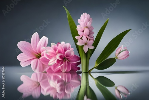 a set of pink flowers isolated sequentially   giving sharp reflection on the bottom is eye catching