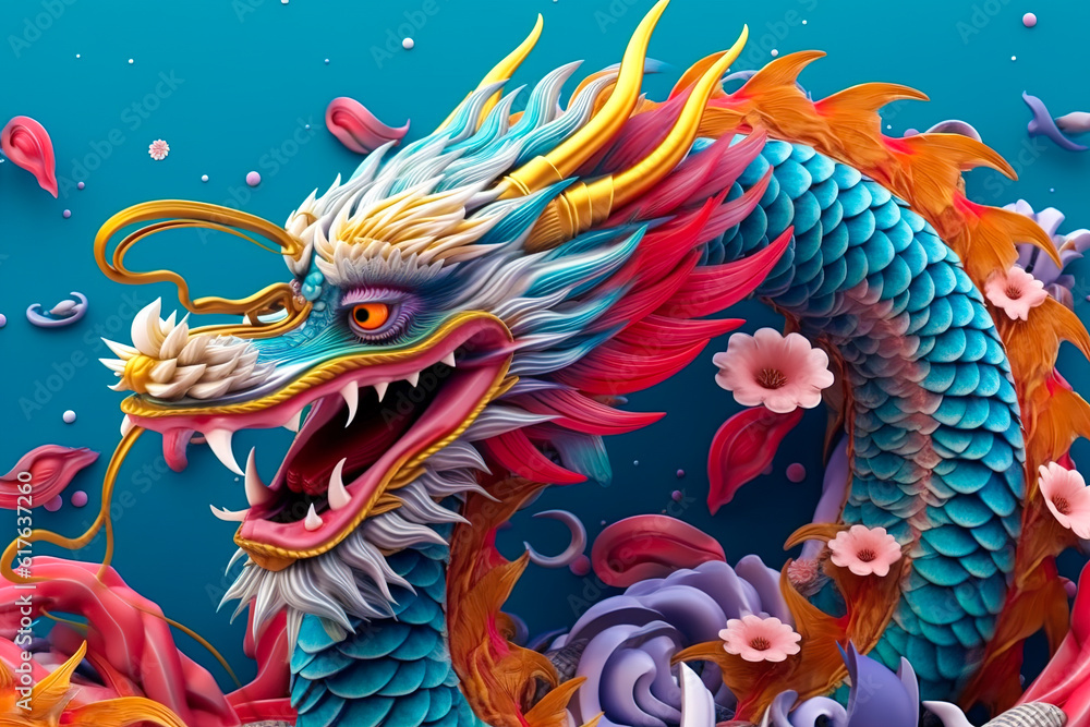 Colorful Chinese dragon in fantasy shape. Generative AI
