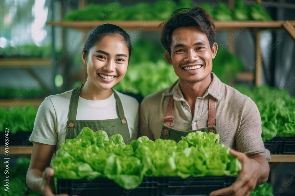 Two Asian gardeners happily worked on a hydroponic vegetable farm. Portrait of farmer man and woman holding green salad box looking at camera with a smile in greenhouse farm
