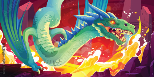 Game fantasy flying dragon with fire breathing vector landscape illustration. Beautiful monster character in castle with flame and landing on claws. Scary mythical beast drawing in medieval dungeon