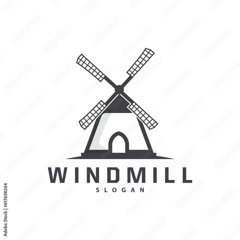 Windmill Logo, Agriculture Farm Vector, Nature Landscape Retro Vintage Design Illustration