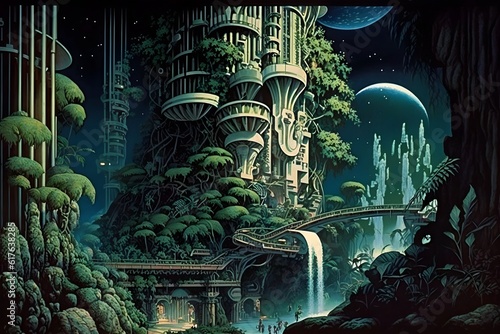 busy scene of futuristic geometrical complicated multilevel spaceport in tropical jungle beneath an abyss hundreds of tiny lights spaceships spacepunk cassettepunk clockpunk nightlights leafy forest 