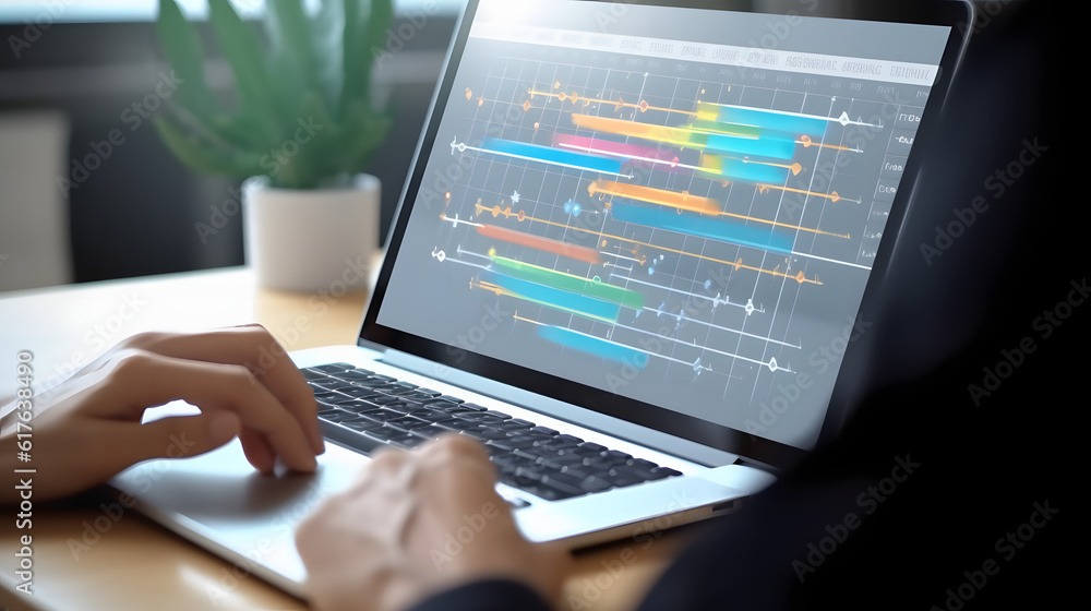 Project manager working with Gantt chart schedule to update the schedule, Management diagram with planning software on laptop screen. Project manager working with Gantt chart schedule to update the schedule, Management diagram with planning software on laptop screen.
