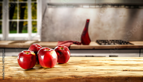 Fresh red apples and desk of free space for your decoration