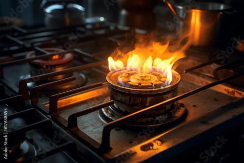 burning gas burner on the stove,generative.ai