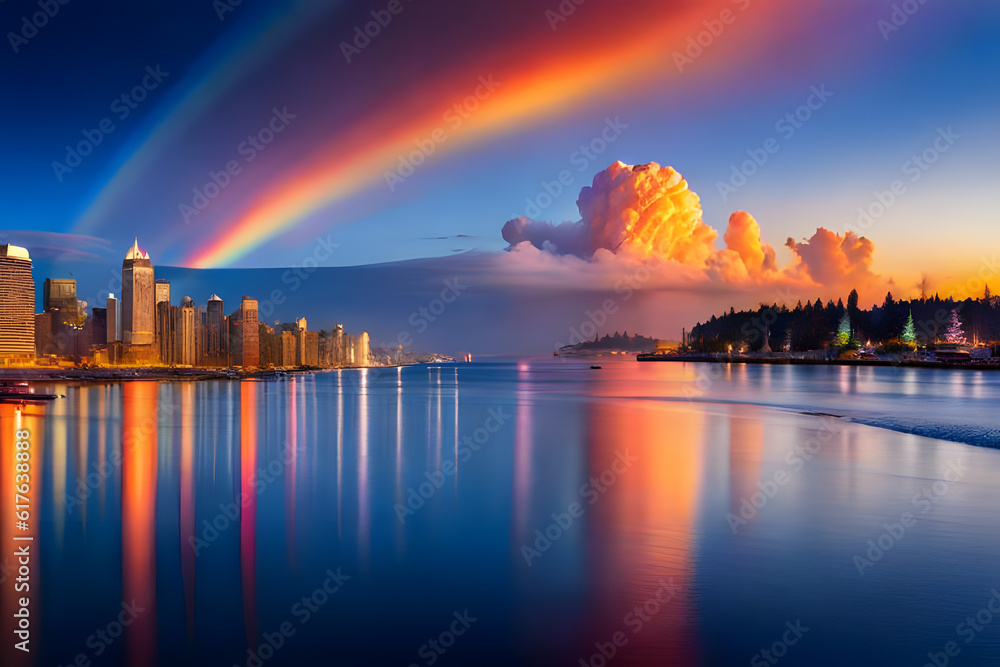rainbow over city at sunset
