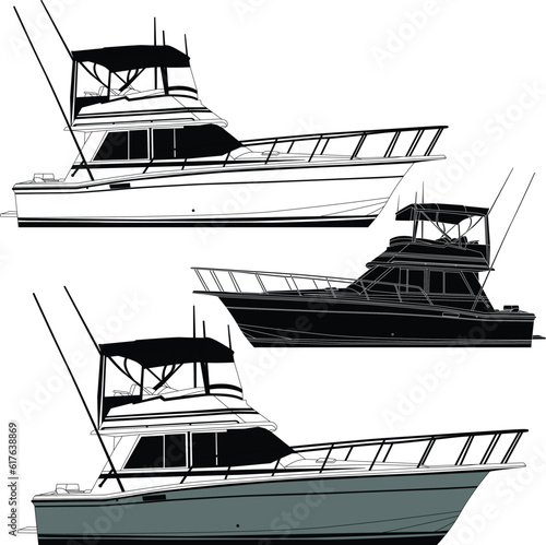 High quality  fishing boat vector line art, white, black, color illustration t-shirt or  printable on various materials vector design