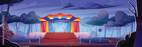Night music concert stage for outdoor festival show vector background. Open air public performance event near road. Street summer comedian stand with mic and spotlight illumination cartoon scene